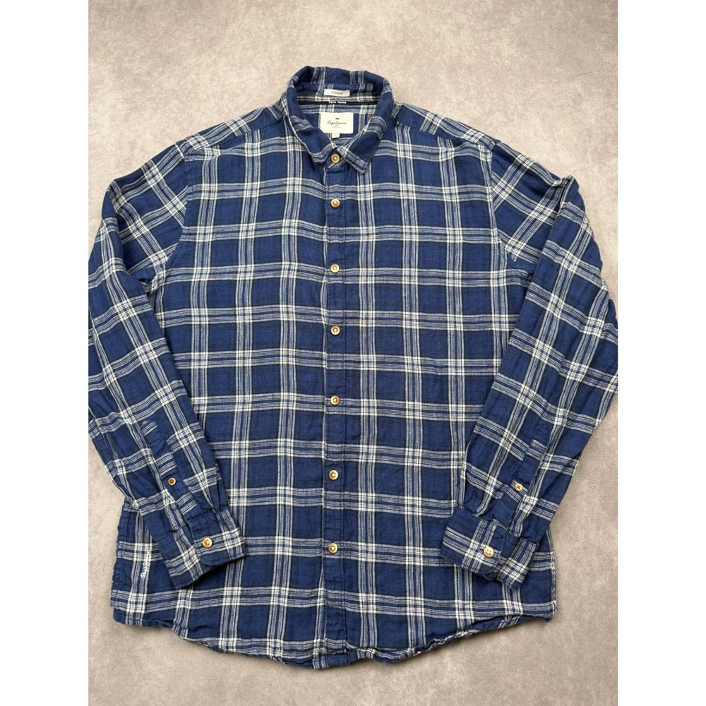Pepe Jeans London Blue White Plaid Check Button Shirt Mens L Regular Fit Logo
